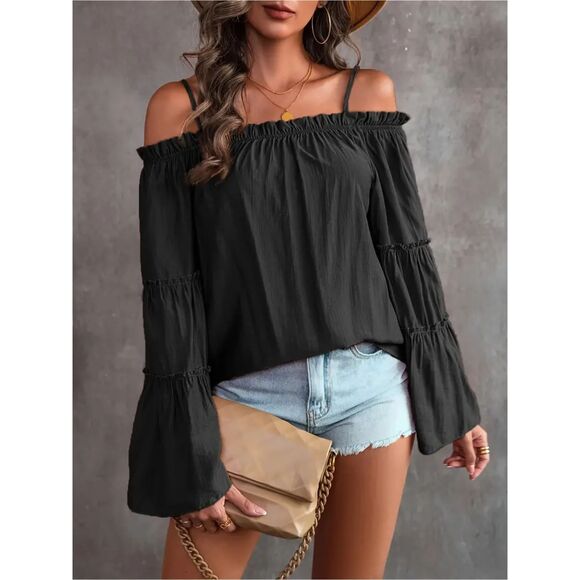 Ruched Spaghetti Strap Blouse Cold Shoulder Blouse Black Size 14 - Picture 6 of 10